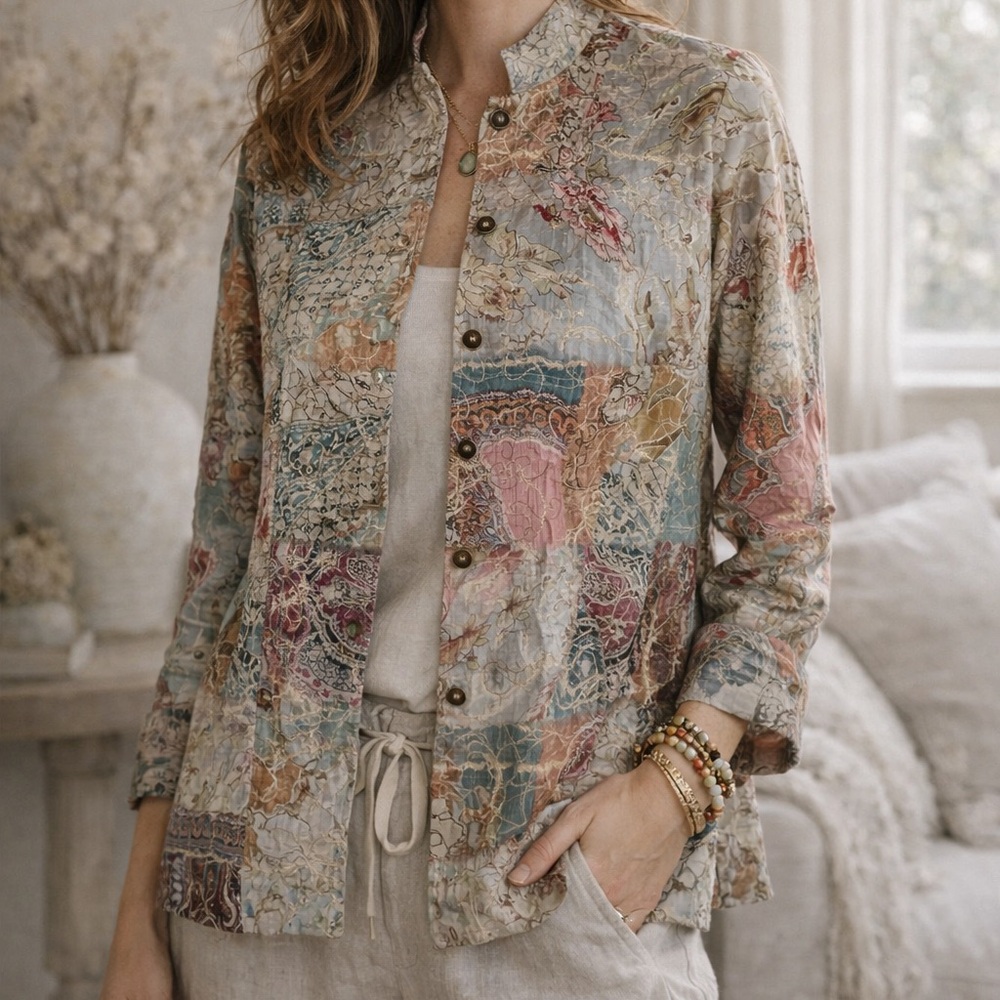 100% Silk Patchwork Floral Paisley Embroidered Top Jacket Soft Boho Artsy Large